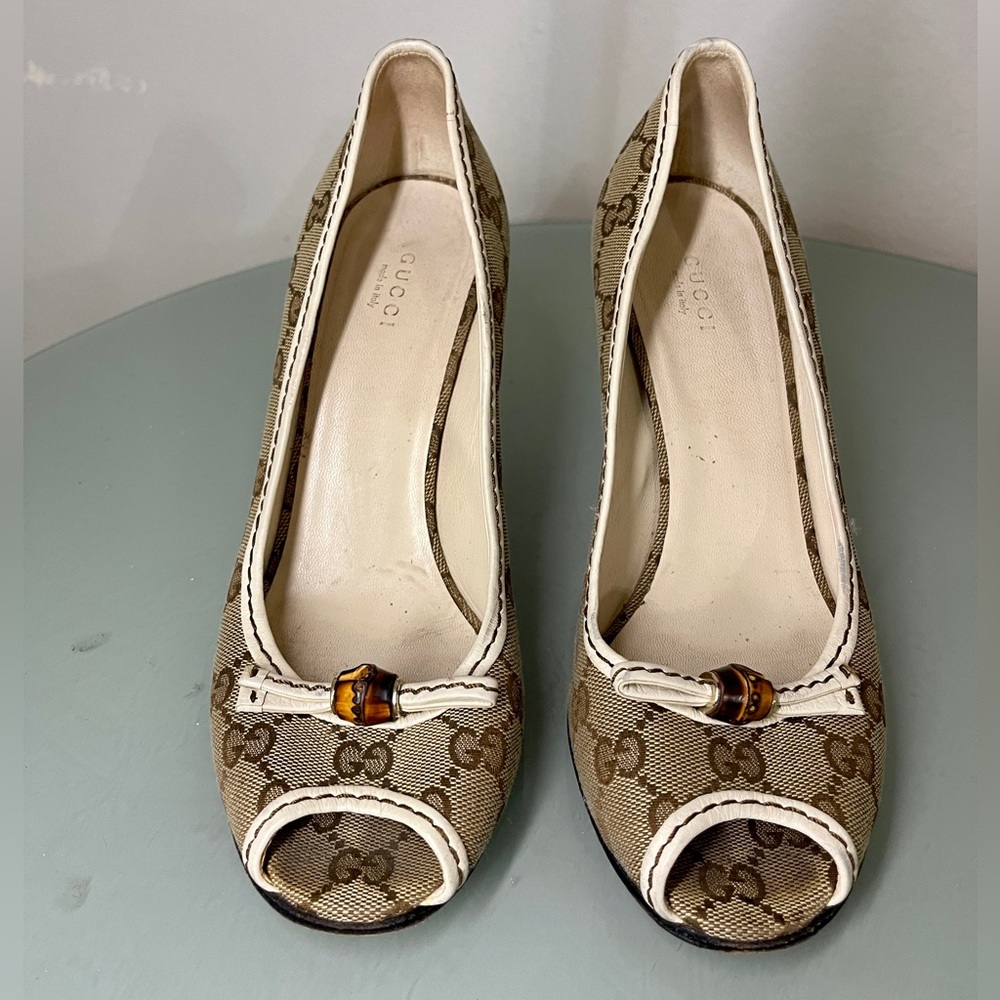 Authentic Gucci Monogram Bamboo Peeptoe Shoes